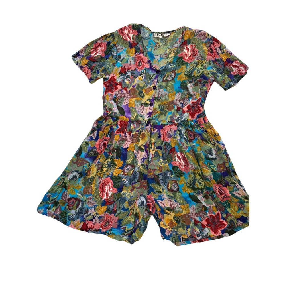Floral Button Front Bila Romper Short Sleeve Pleated Pockets Size M Vintage